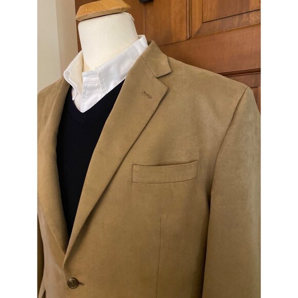 Chaps Mens 44L Tan Vegan Suede Blazer Two-Button Sport Coat Fall Academia Jacket - Picture 1 of 16